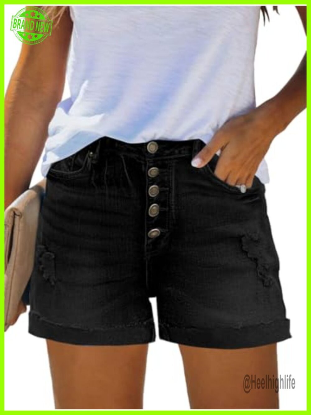 High Rise Denim Shorts Distressed Frayed Hem Button Fly Summer Casual Jean